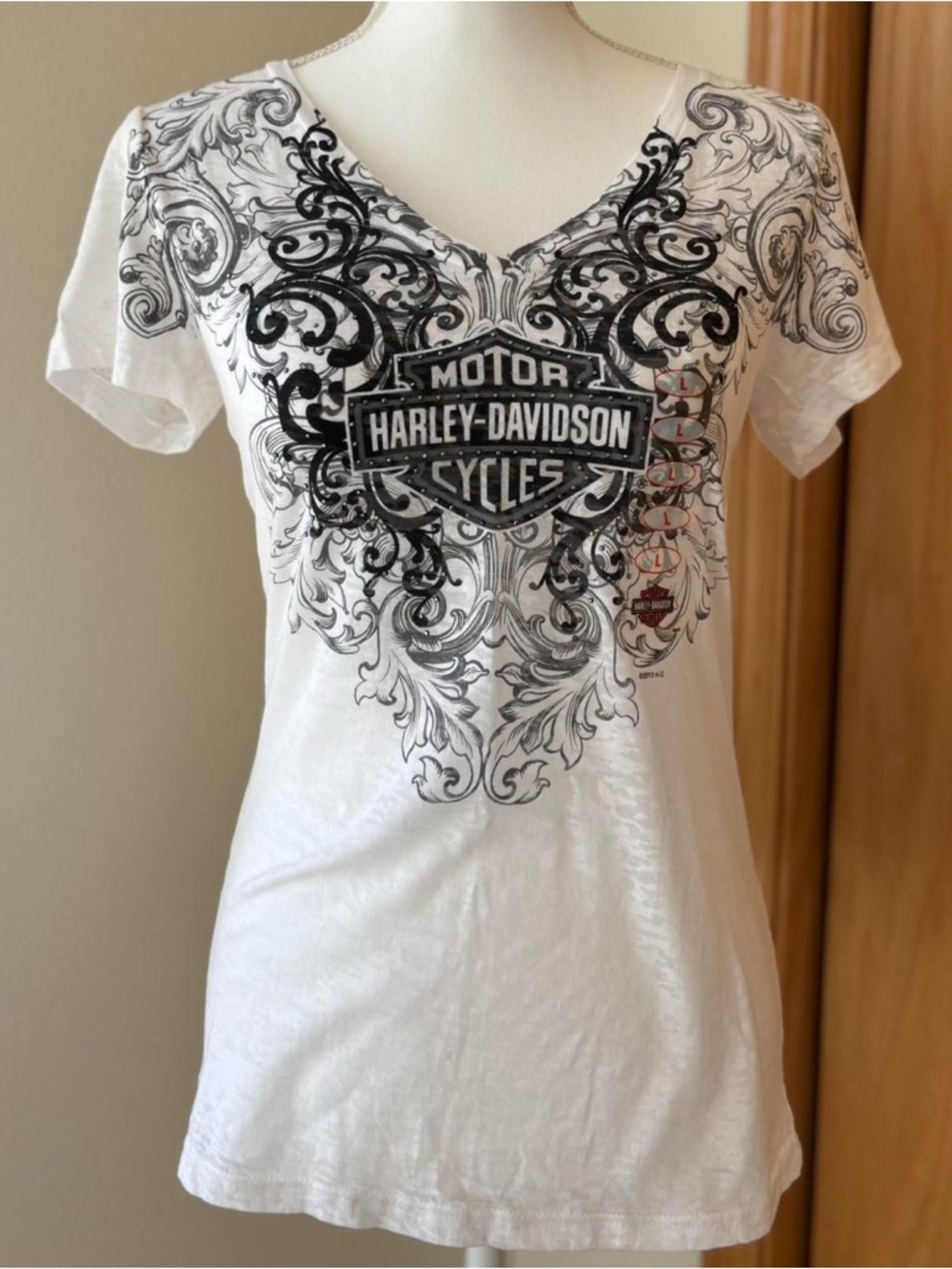 Harley-Davidson White V-Neck Black Scroll Shield Tee